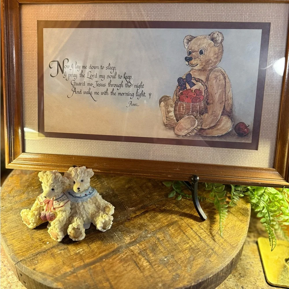 Framed Teddy Bear Christian Prayer Print with Teddy Bear Figurine Home Interior